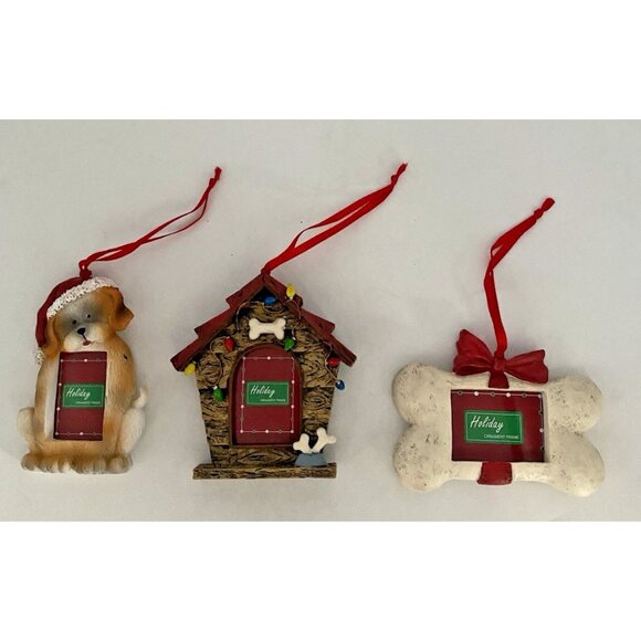 Dog Pet Mini Photo Frame Christmas Ornaments Set of 3 Dog House Bone Puppy - Picture 1 of 16